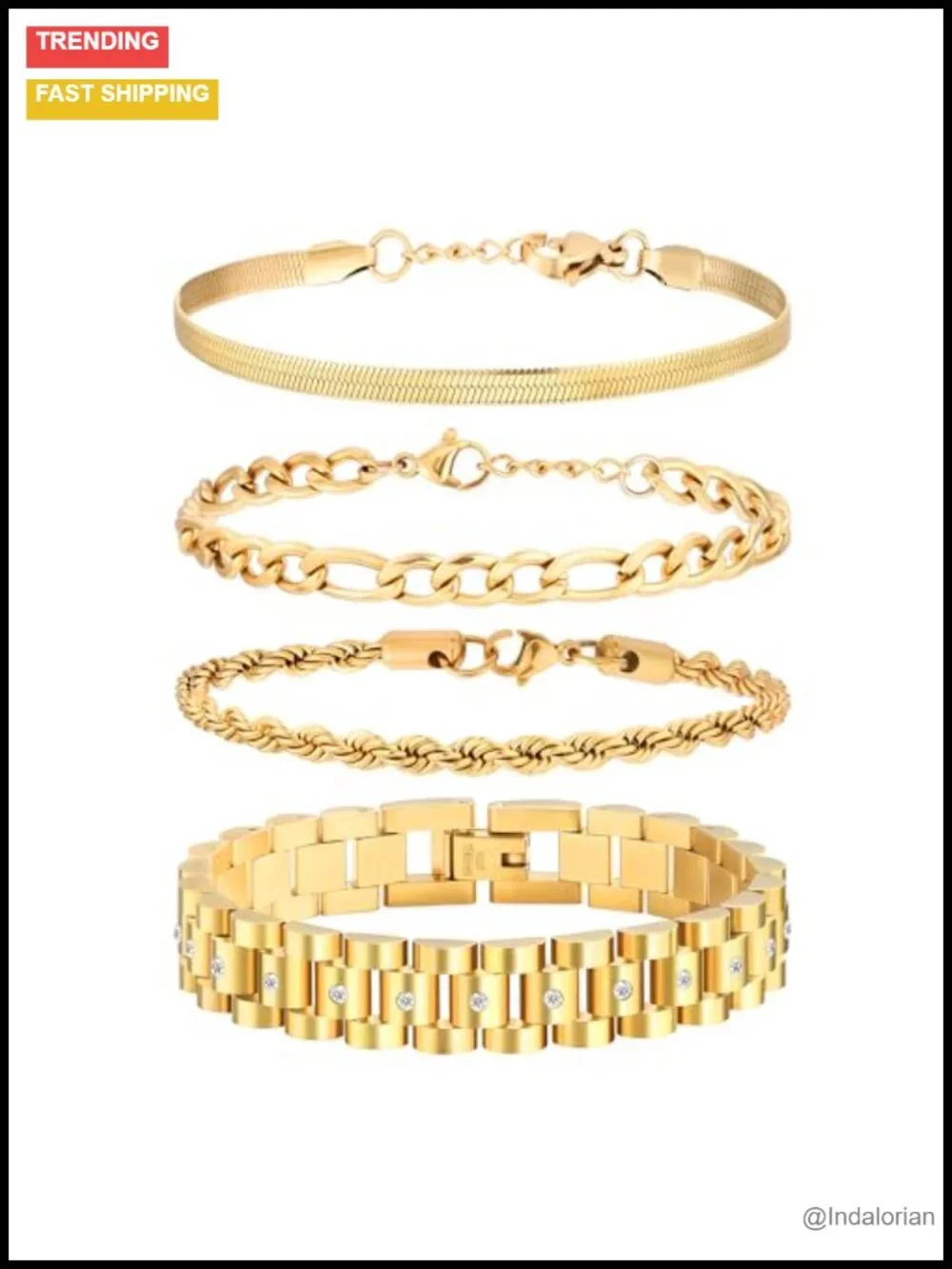 4-Piece 18K Gold-Filled Bracelet Set Cuban Link Herringbone Rope Adjustable